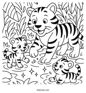A Mother Tiger And Her Cubs Playing In A Sparkling Jungle St