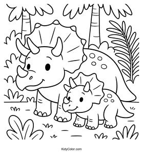 Mother Triceratops Protecting Her Young Coloring Page