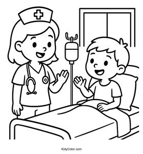 Nurse and Young Patient in Hospital Room Coloring Page