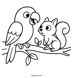A Parrot Sitting On A Tree Branch Talking To A Curious Squi