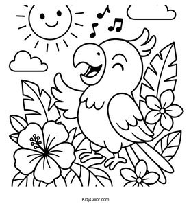 A Parrot Surrounded By Tropical Flowers Singing Happily In