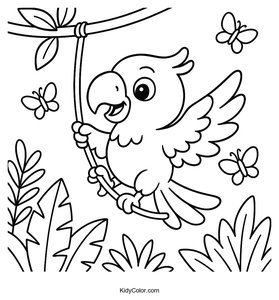 A Playful Parrot Swinging From A Jungle Vine With Butterfli