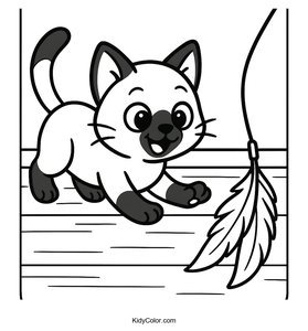 A Playful Siamese Kitten Chasing A Feather Toy Across A Wood