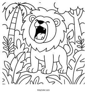 A Roaring Lion Standing Tall Amidst Vibrant Jungle Plants An