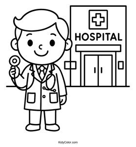Smiling Doctor with Stethoscope at Hospital Entrance