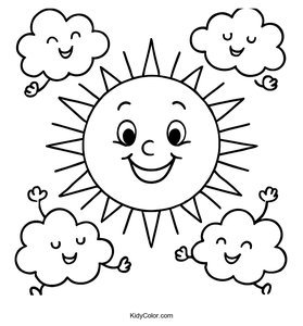 Smiling Sun with Happy Dancing Clouds Coloring Page