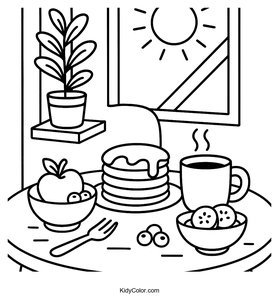 Cheerful Breakfast Table Coloring Page for Kids