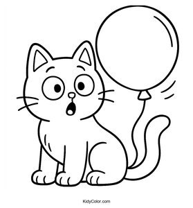 Surprised Cat with Balloon - Fun Coloring Page