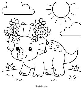 Color a Fun Triceratops with Flowered Horns