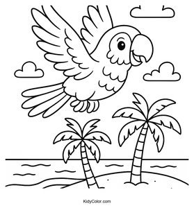 A Vibrant Parrot Flying Above A Sandy Beach With Palm Trees