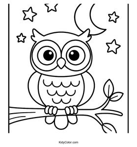 A Wide Eyed Cartoon Owl Sitting On A Branch At Night