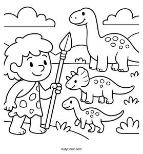 Early Human Hunting Dinosaurs Coloring Page