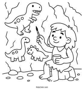 Early Human Painting Dinosaurs on Cave Wall Coloring Page