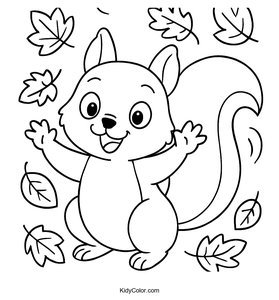 Excited Squirrel Waving Among Autumn Leaves Coloring Page