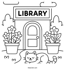Outdoor Library Entrance with Cat and Flowers