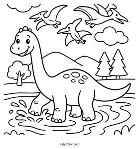 Brachiosaurus Splashing in a River Coloring Page