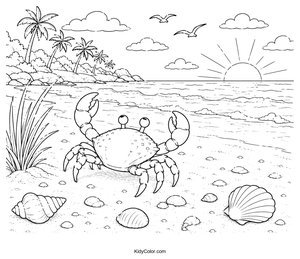 Cartoon Crab on a Beach at Sunrise