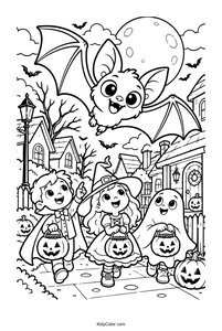 Cheerful Bat and Kids on Halloween Night