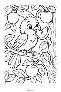 Cheerful Bird with Apple on a Tree