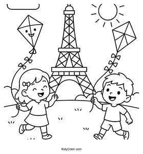 Kids Flying Kites Near the Eiffel Tower Coloring Page