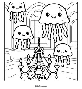 Colorful Jellyfish Above Chandelier in Dance Room