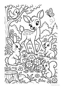 Deer and Woodland Friends in a Flower Meadow