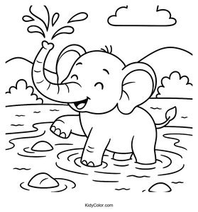 Elephant Spraying Water From Its Trunk While Playing In A Ri