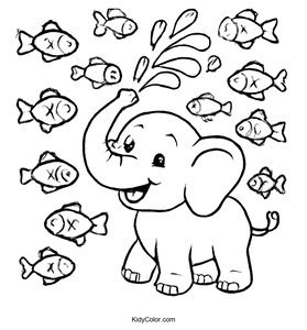 Elephant Spraying Water with Ten Fish