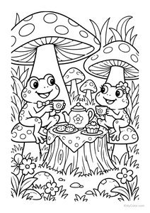 Frogs Enjoying Mushroom Tea Party