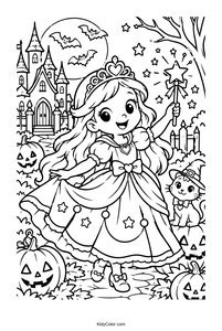 Halloween Princess and Cat with Pumpkins