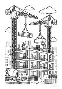 Happy Cranes at a Construction Site