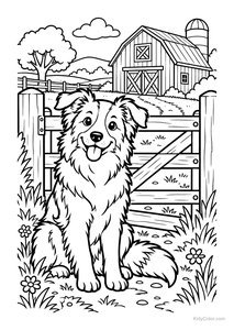 Happy Farm Dog Sitting by a Gate