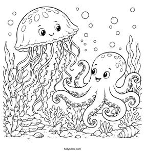 Jellyfish and Octopus Under the Sea