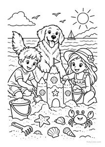 Kids and Dog Building a Sandcastle