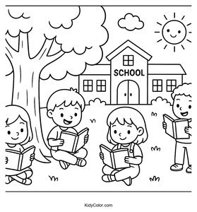 Kids Reading Books Under a Tree Coloring Page