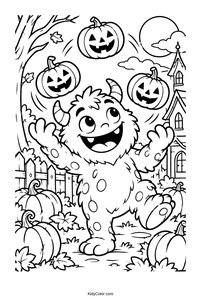Monster Juggling Pumpkins by a Haunted House