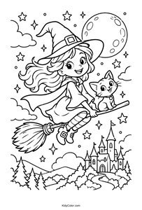 Moonlit Witch Flying Over a Castle