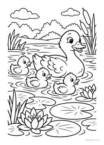 Mother Duck and Ducklings in Pond