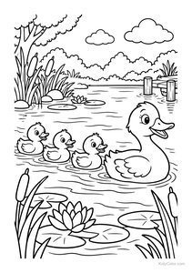 Mother Duck and Ducklings on the Pond