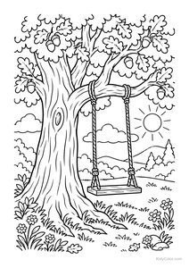 Oak Tree with Swing in Sunny Landscape