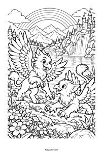 Playful Griffins by a Rainbow Lake
