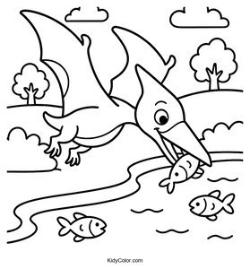 Pterodactyl Catching Fish Coloring Page for Kids