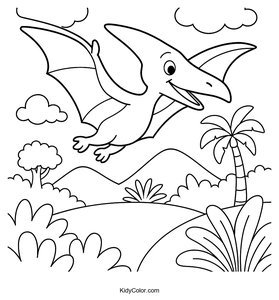 Pterodactyl Soaring Over Prehistoric Jungle Coloring Page