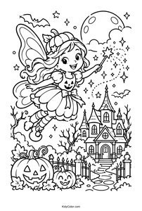 Pumpkin Fairy Flying Over Haunted House