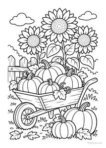 Pumpkins in a Wheelbarrow with Sunflowers