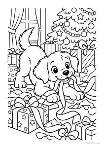 Puppy Playing with Christmas Ribbons