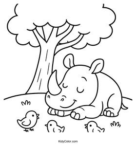 Rhino Napping Peacefully Under A Shady Tree With A Few Baby