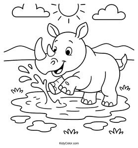 Rhino Splashing Water Playfully At A Muddy Watering Hole Und