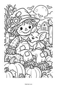Scarecrow and Bat in Pumpkin Patch