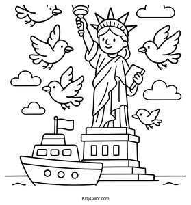 Seagulls and the Statue of Liberty Coloring Page